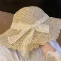 Elegante handgeweven strooien zonnehoed voor de zomer met kanten strik voor strandvakanties - Strik Lint Stijl / Beige