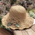 Handgemaakte geweven strohoed voor dames met gehaakte bloem en bladdecoratie voor strandvakanties - Blad En Bloem Stijl / Khaki