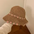 Handgeweven strohoed voor dames met roze bloemenborduurwerk voor strandzonbescherming - Perzikbloesem Stijl / Khaki