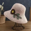 Roze handgeweven strooien zonnehoed voor dames met gehaakte bloem voor strandvakantie - Driedimensionale Bloem Stijl / Roze