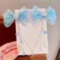 Molletta per capelli sirena bambina fiocco organza blu nappa perla accessorio per capelli - Catena da Fronte / Blu