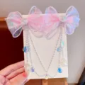 Grazioso fermaglio per capelli con fiocco in organza rosa e nappe di perle per bambina - Catena da Fronte / Rosa