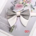 Classic double-layer bow tie with grey herringbone plaid and cream satin, retro wedding style. - 001