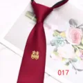 Burgundy zipper necktie for groom wedding with gold double happiness symbol fashion accessory. - 017