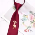 Wine red zipper necktie featuring rhinestone deer brooch, pre-tied lazy design for men fashion. - Color 021