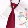 Burgundy wedding zipper necktie with gold double happiness pin, smooth fabric, detail view. - Color 023
