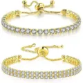 Comparación de pulseras tenis doradas de una y dos hileras con circonitas blancas. - Juego de Pulseras de Una y Dos Filas / Dorado