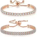 Primer plano de pulseras tennis en oro rosa de una y dos filas con cierre ajustable - Juego de Pulseras de Una y Dos Filas / Rosa oro
