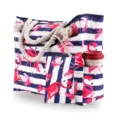 Vue détaillée du sac de plage en toile rayé flamant rose avec pochette assortie. - Style Avec Pochette Intérieure / Flamant rose