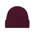 Warm burgundy ribbed knit beanie with turned-up cuff for unisex winter fashion accessory. - One Size / Burgundy
