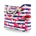 Sac de plage en toile rayée avec imprimé flamant rose, doté d'une poignée en corde. - Style de base / Flamant rose
