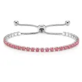 Elegante pulsera ajustable tipo tenis plateada con circonitas rosa corte redondo - Una Fila (Cierre Deslizante) / Plateado Con Strass Rosa