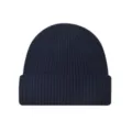 Minimalist navy blue ribbed knit beanie winter hat with cuffed hem for men and women - One Size / Navy Blue