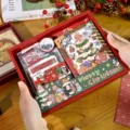 Coffret cadeau de papeterie vintage de Noël avec autocollants et ruban - Ensemble de Carnet / Coffret Cadeau de Noël