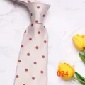 Classic men's 8cm silk tie in light grey with herringbone pattern and red polka dots for business wear. - No. 024 - Beige Gray Polka Dot Stripe