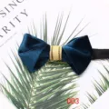 Blue velvet bow tie for men suit shirt, elegant pointed design with gold band accent for formal wear. - Teal