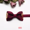 Burgundy wedding bow tie with gold double happiness symbol detail for groom and formal suits. - Burgundy