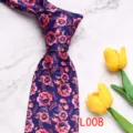 Men's printed necktie featuring a vibrant floral pattern on dark blue. Detailed view. - L008
