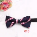 Detail view of a classic navy blue British striped men's bow tie, perfect for business and weddings. - Color 010