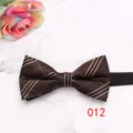 Close-up detail of a stylish brown striped men bow tie with elegant gold lines for formal suits. - 012