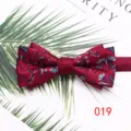 Burgundy men's double layer bow tie with elegant leaf print pattern for wedding suit detail. - Color 019