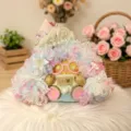 Handmade bean pod doll pendant close-up, cute furry craft design with lace and pearls in cozy decor. - Colored Head Pea Pod DIY Materials