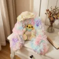 Handcrafted pastel plush doll pendant detail view with fluffy colorful rim and cute bear design. - Colorful Hat Pea Pod DIY Materials