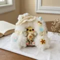 Handmade fluffy plush doll pendant cute white bear toy with decorative flowers and mini hat detail - White Hat Pea Pod DIY Material