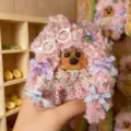 Handmade cute bean pod doll pendant detail showing pink fluffy hood and lovely colorful ribbons. - Pink Hair Doll