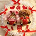 Ensemble poupées mariage chinoises fait main plateau dentelle nœuds rouges symboles bonheur - Kit DIY poupée cosse de haricot couple style A