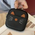 Schwarze Katzen-Münzbörse aus Leder mit Schlüsselanhänger, süßes Mini-Modell für Damen. - Schwarz