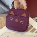 Lila Leder Katzen Münzgeldbörse Mini Reißverschluss Tasche mit Schlüsselanhänger und Öhrchen - Lila