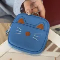 Cute cat leather coin purse, mini square zipper coin pouch with keychain for women and girls. - Blue