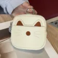 White leather cat coin purse keychain, cute animal ear mini zipper wallet for women daily use. - Off White