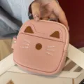 Cute pink cat leather coin purse, mini zipper wallet with cute keychain for women. - Pink