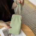 Light green leather kiss-lock phone bag, mini crossbody shoulder bag for women daily use. - Green