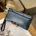 Dunkelblaue Geldbörse aus echtem Leder mit Doppelreißverschluss für Damen, Handytasche. - Saphirblau