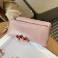 Pink leather long wallet for women, large capacity clutch bag with zipper and wrist strap. - Pink