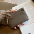 Genuine leather mini coin purse with zipper and key ring grey compact wallet card holder - Gray