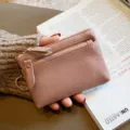 Genuine leather coin purse mini key pouch pink cowhide zipper wallet cute minimalist design - Pink