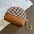 Fashion houndstooth and leather coin purse with keychain, chic mini wallet for women. - Earthy Yellow