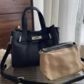 Sac cabas en cuir noir avec ensemble pochette en toile, sac à main femme élégant. - Noir