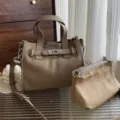 Sac a main cabas de createur en cuir veritable avec pochette interieure, style elegant femme. - Kaki