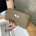 Genuine leather long wallet for women, stylish clutch purse with metal turn-lock closure. - Khaki