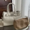 Sac à main fourre-tout en cuir véritable pour femme ensemble sac bandoulière blanc - Blanc Cassé