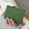 Green leather short trifold wallet for women, mini coin purse and compact card holder organizer. - Green