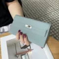 Women's genuine leather long wallet clutch bag blue pebble grain card holder casual purse - Blue