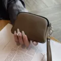 Women's genuine leather mini coin purse khaki double zipper multi-functional wristlet clutch bag - Gray