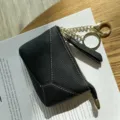 Black genuine leather coin purse with keychain gold hardware zipper small wallet coin purse for women - Black