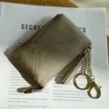 Leather coin purse with keychain and zipper, genuine cowhide small wallet for women. - Gray